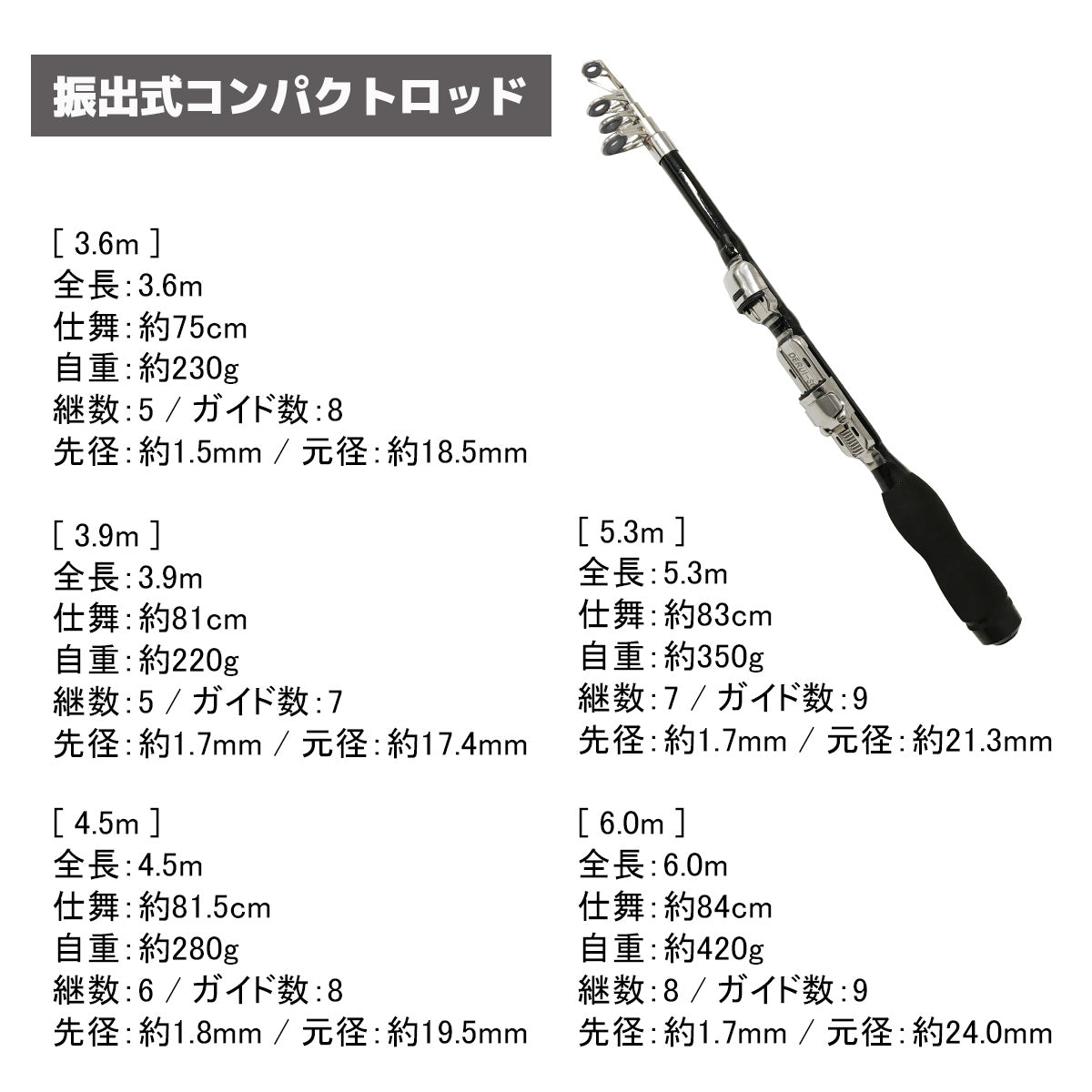 振出式コンパクトロッド（0.8m・1m・1.2m ・1.5m・1.7m・2.3m）